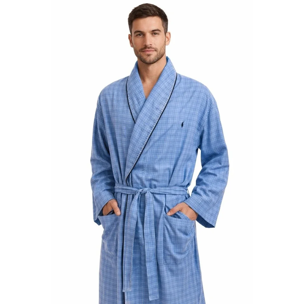 Vintage Polo Ralph Lauren Men Robe S M Blue Check‎ Piping Shawl Tie Cotton